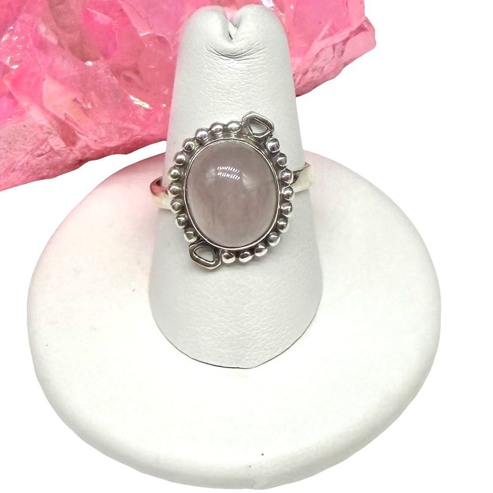 Rose Quartz Ring Size 8 Solid 925 Sterling Silver Pink Oval Stone Crystal